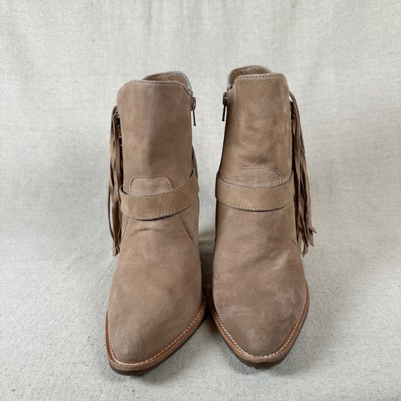 Gianni Bini Tan Suede Fringe Wedge Ankle Boots Pointed western cowgirl cowboy - Picture 5 of 11